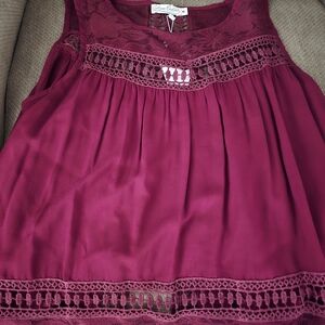 Elegant Lace Trim Burgundy Blouse
